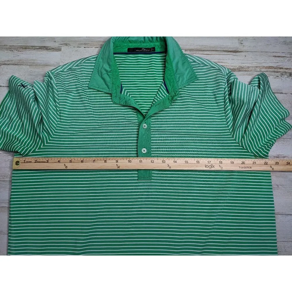 Ralph Lauren RLX Polo Shirt Mens Large Green Striped Short‎ Sleeve Logo Golf
